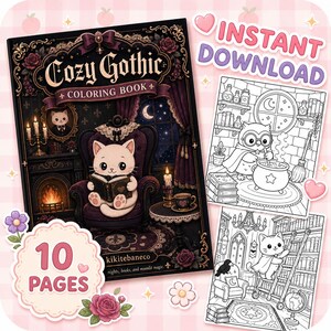 Pode incluir: Um livro de colorir Cozy Gothic com uma capa que mostra um gato lendo em uma poltrona roxa perto de uma lareira. O livro inclui 10 páginas e é um download instantâneo. Duas páginas internas mostram desenhos de uma coruja e um gato.