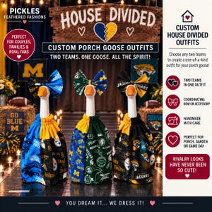 May include: Three white decorative porch goose statues wearing custom fabric outfits featuring split-team sports logos and colors. Each goose has a matching fabric bow on its head. The outfits are gathered at the neck with elastic and display various team patterns including blue, yellow, green, and black designs.