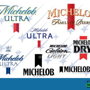 Könnte beinhalten: Eine Sammlung von Michelob-Markenlogos, darunter Michelob Ultra, Michelob Family of Beers, Michelob Golden Draft Light und Michelob Dry. Die Logos werden in verschiedenen Schriftarten und Farben dargestellt und enthalten rote, schwarze und blaue Band-Symbole.