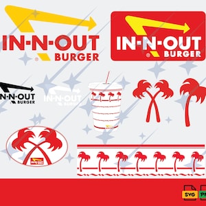 May include: A collection of In-N-Out Burger graphic elements including the red and yellow logo, a white drink cup with red palm tree patterns, crossed palm tree icons, and a horizontal border strip featuring repeating red palm tree silhouettes.
