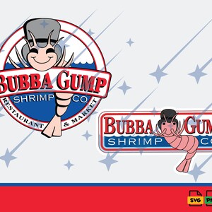 Puede incluir: Dos logotipos gráficos con un personaje de camarón rosa que lleva un sombrero de copa gris. El logo circular dice BUBBA GUMP SHRIMP CO. RESTAURANT & MARKET, mientras que el rectangular dice BUBBA GUMP SHRIMP CO. Ambos incluyen olas de agua azul.