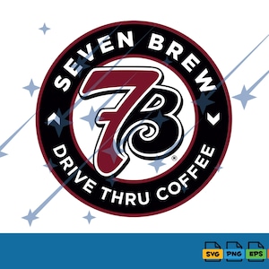 Può includere: Un logo circolare per Seven Brew Drive Thru Coffee con un grande monogramma 7B bordeaux e nero al centro. Il testo Seven Brew è arcuato nella parte superiore e Drive Thru Coffee è arcuato nella parte inferiore con lettere bianche.