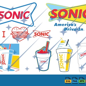 Könnte beinhalten: Eine digitale Grafiksammlung mit dem Sonic-Logo in verschiedenen Stilen, einem herzförmigen Burger-Symbol und mehreren Getränkebechern mit Strohhalmen und Kirschen. Der Text umfasst Sonic, America's Drive-In und I heart Sonic, sowie Dateiformat-Symbole.