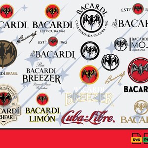 Könnte beinhalten: Eine Sammlung verschiedener Bacardi-Markenlogos und Textdesigns mit dem ikonischen Fledermaus-Emblem in Schwarz, Rot und Gold. Die Grafik enthält mehrere Variationen des Namens Bacardi sowie Breezer, Mojito, Oakheart und Cuba Libre Schriftzüge.