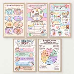 Puede incluir: Cinco pósteres educativos enmarcados con ilustraciones en tonos pastel y texto para la regulación emocional. Los títulos incluyen My Little Calm-Down Kit, My Daily Mood Check-In, Happy Heart My Calming Toolkit, My Calm Down Corner y My Super-Power Feelings Wheel, todos diseñados con personajes de dibujos animados.