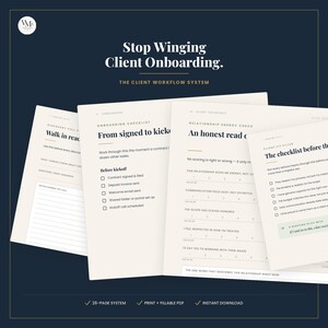 Könnte beinhalten: Ein 26-seitiges digitales Kunden-Workflow-System mit Onboarding-Checkliste, Discovery-Call-Notizen, Beziehungs-Energie-Check und Kunden-Fit-Filter. Die Seiten sind cremefarben mit schwarzem Text, inklusive des Titels Stop Winging Client Onboarding.
