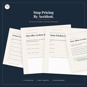 Könnte beinhalten: Ein digitales Arbeitsbuch mit dem Titel Stop Pricing By Accident, The Offer Planner & Pricing Workbook. Das Dokument enthält mehrere Seiten mit Abschnitten für die Staffelung, Einwandvorwegnahme und Angebotsfilterung auf dunklem Grund.