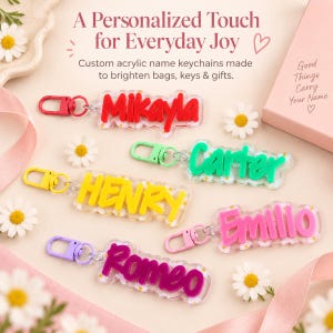 Op de afbeelding: Vijf gepersonaliseerde acryl sleutelhangers met de namen Mikayla in rood, Carter in groen, Henry in geel, Emilio in roze en Romeo in paars. Elke sleutelhanger heeft een bijpassende karabijnhaak en een doorzichtige basis met witte madeliefjes.