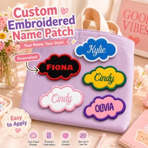 May include: A light purple fabric bag featuring five cloud-shaped embroidered name patches in blue, black, yellow, white, and pink. The patches display the names Kylie, Fiona, Cindy, and Olivia in various thread colors and cursive fonts.