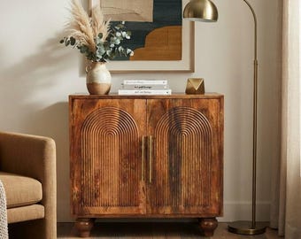 Storage Cabinet, Solid Mango Wood, Golden Teak, 30 Inch | Arched Doors