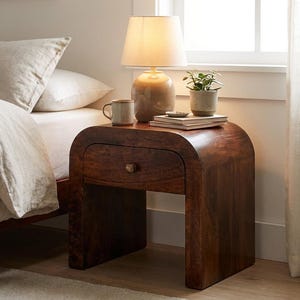 Round Nightstand with Drawer, Mango Wood Bedside Table, Small Mid Century Walnut Side Table