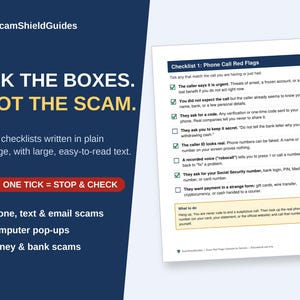 May include: A ScamShieldGuides educational document titled TICK THE BOXES. SPOT THE SCAM. featuring a checklist of phone call red flags with green checkmarks next to warning signs like urgent threats, unexpected calls, and requests for sensitive personal data.
