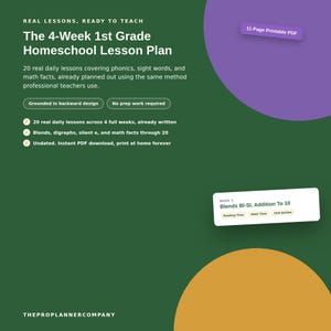 Peut inclure: Un PDF imprimable numérique de 11 pages intitulé The 4-Week 1st Grade Homeschool Lesson Plan. Le document vert foncé présente du texte blanc détaillant 20 leçons quotidiennes couvrant la phonétique, les mots courants et les mathématiques.