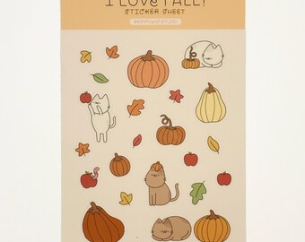 I Love Fall Cat Sticker Sheet, Matte Vinyl Stickers