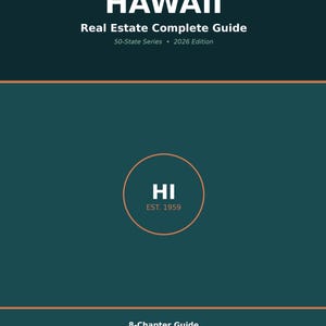 May include: A dark teal book cover titled The Aloha State Hawaii Real Estate Complete Guide 50-State Series 2026 Edition. The center features a circle with the text HI EST. 1959. The bottom text reads 8-Chapter Guide Written by a Licensed Real Estate & Mortgage Broker 20+ Years Experience.