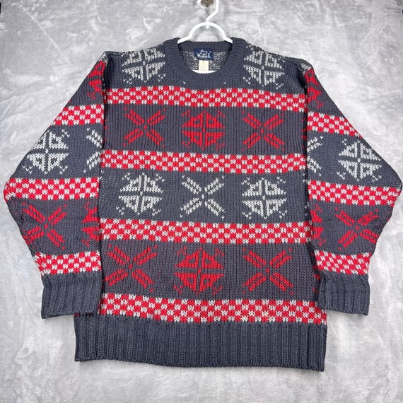 Vintage Woolrich Fair Isle Sweater Men M Gray Red Snowflake Crewneck Wool Mohair