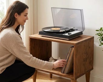 Record Player Stand with Vinyl Storage, Mid Century Modern Turntable Table, MCM Record Cabinet, Wooden Side Table