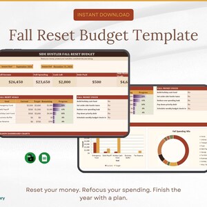 May include: A digital Fall Reset Budget Template displayed on two screens. The interface features tables for income, spending, and debt, alongside progress bars for goals, a money focus list, and a donut chart titled Fall Spending Mix.