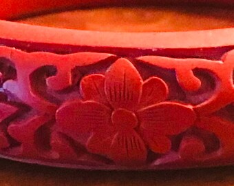 Authentic Chinese Hand-Carved Brick Red Cinnabar Bangle Bracelet