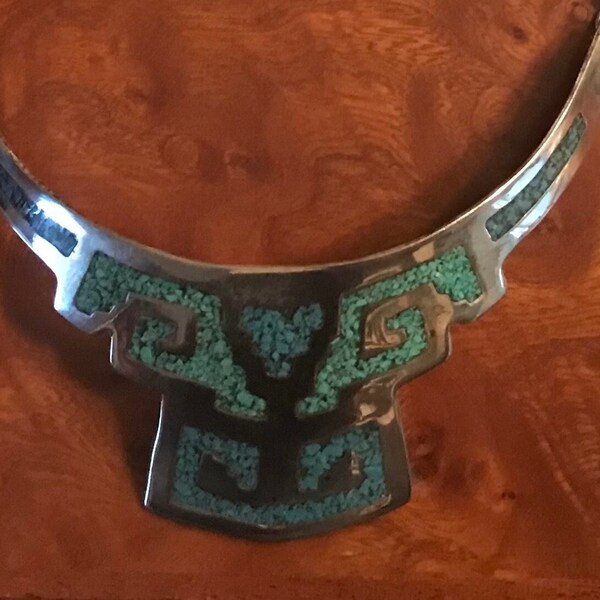 Stunning Vintage Alpaca Mexico Inlaid Turquoise & Silver Bib Choker Necklace