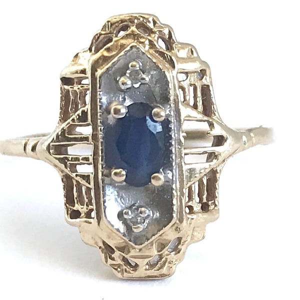Antique Art Deco 1920s Ring, Blue Sapphire and Diamond Antique 14K Yellow Two-Tone Gold Filigree Engagement Fine Jewelry