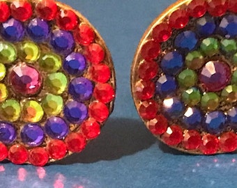 90s Chico's Round Beaded Studs, Rhinestone Multi Color Rainbow Pave Sparkly Earrings