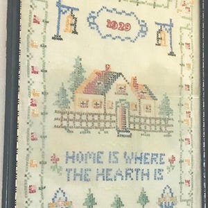 Antique 1929 Cross Stitch Sampler Framed Collectible Hand Embroidery Textile, 19th century Art