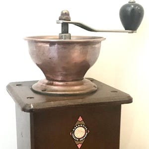Antique Wooden Hand Crank Copper Coffee Grinder with Bakelite Handle Knob