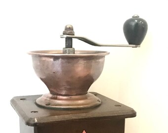 Rare Antique Coffee Grinder Vintage 40s Forged Solid Copper and Wood Grinder Mill with Bakelite Ball Handle Knob