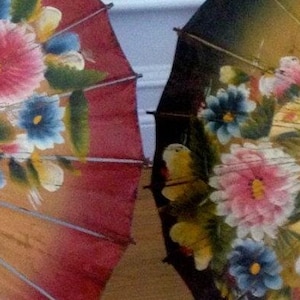 Art Deco Hand-Painted Umbrella, Floral Antique Victorian Handmade 1930s Oriental Japanese Paper Parasol