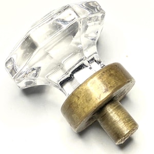 Antique Clear Crystal Glass Hexagon Drawer Pull: Solid Brass Base