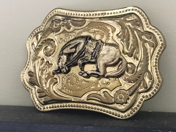 1970 Western Cowboy Brass Belt Buckle Bucking Hor… - image 1