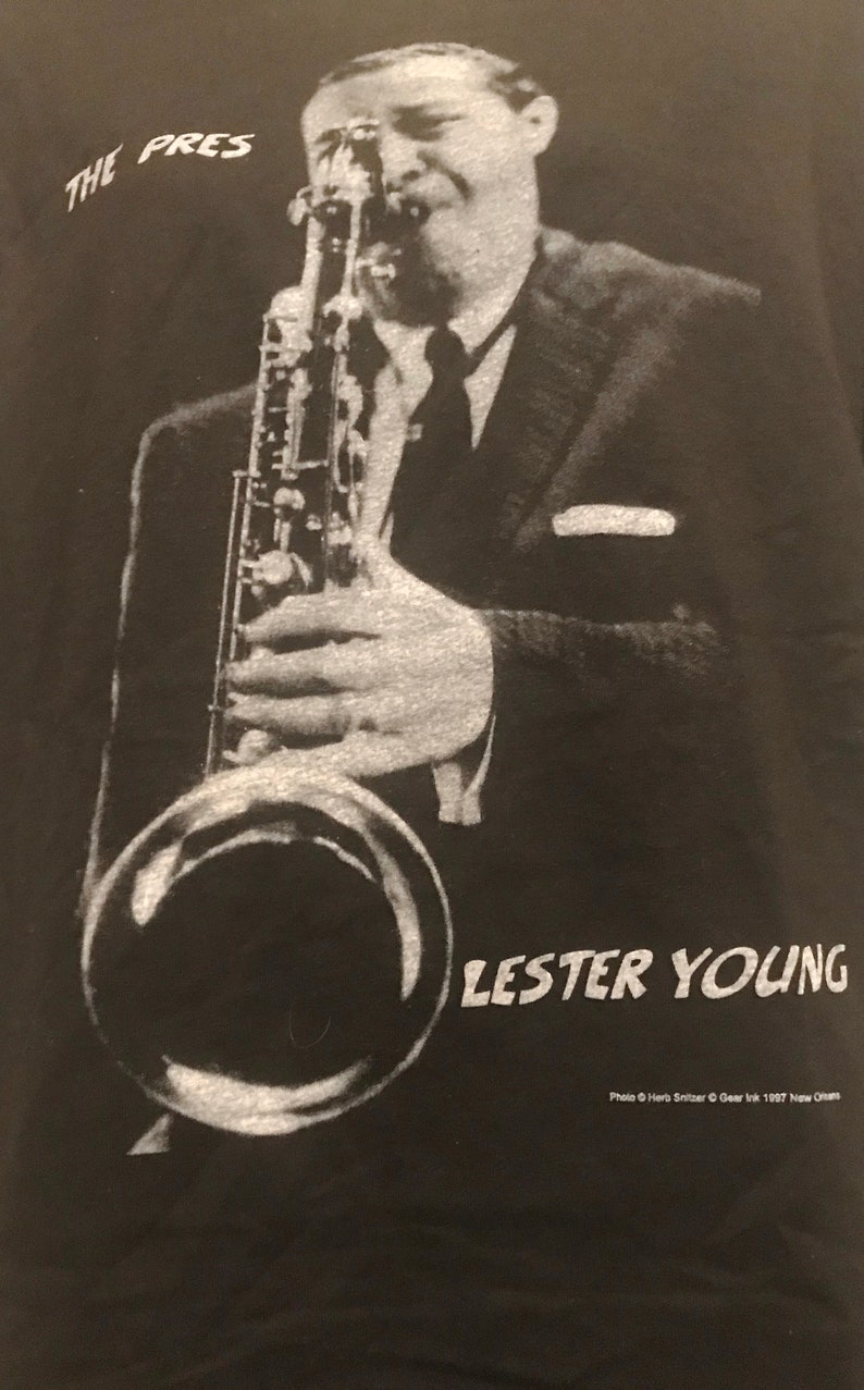 Authentic Vintage 90s 1997 Lester Young \u201cThe Pres\u201dGraphic Unisex T-Shirt Men\u2019s Jazz Artist Blues Saxophonist Jazz T-shirt Size M