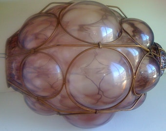 Beautiful Venetian 1940s Murano Mouth Blown Caged Large Purple Glass Pendant Lamp - Mid Century Modern Art Glass  - Italy