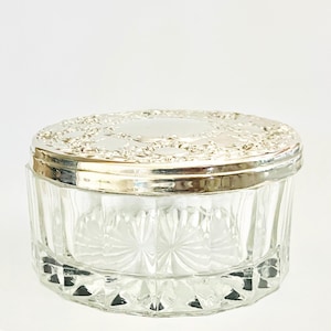 Vintage Heart Shaped Trinket Box: Silver Plated Etched Glass Vanity Jar