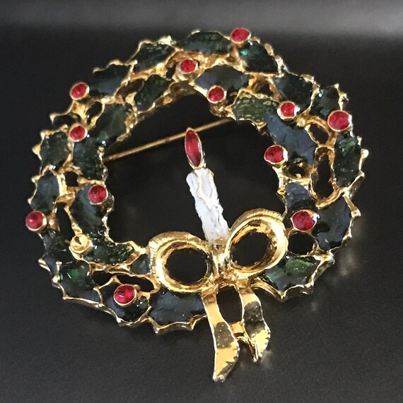 Festive Christmas Enameled Wreath Brooch, Green Wr