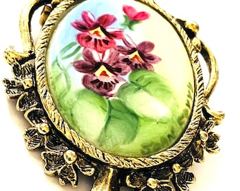 Vintage Joan Ferry Signed Floral Brooch: Hand Painted Porcelain Cameo Pin, Gold Tone Metal