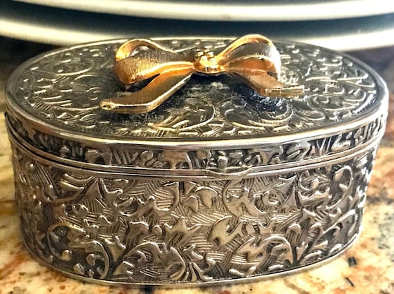 Vintage Silver Plated Hinged Jewelry Box, Trinket… - image 1