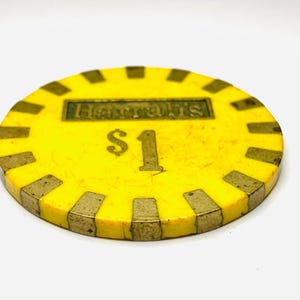 Vintage Harrah&#39;s Hotel Casino Lake Tahoe Nevada 1 Dollar Poker Chip with Vintage Brass Inserts 1980s Collectible Gift