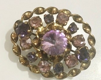 Vintage 1950s Purple Ravioli Crystal Rhinestones Brooch Lapel Pin West Germany Costume Jewelry