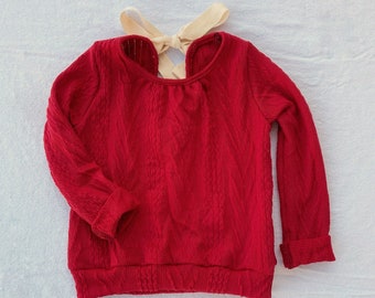 Girls tie back sweater, red sweater, toddler sweater, baby sweater, girls cable knit, bow shirt