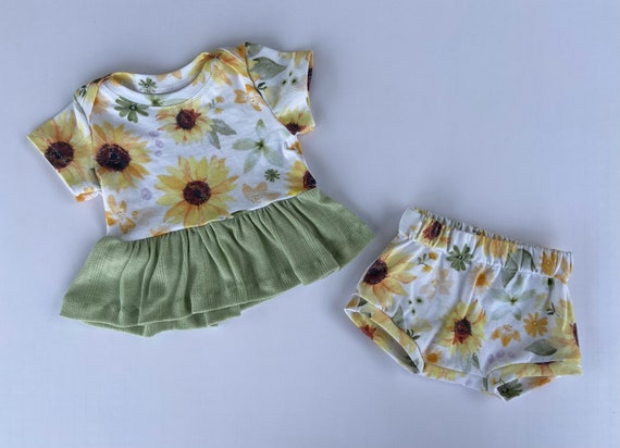 Sunflower Outfit for Baby Girl, baby girl outfit, baby peplum, bummies for baby girls, sunflower shirt for kids, lap neck shirt