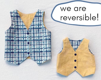 Plaid Easter vest, reversible vest, toddler Easter outfit boy, baby Easter vest, 100% cotton, yellow vest, navy vest, ringbearer outfit