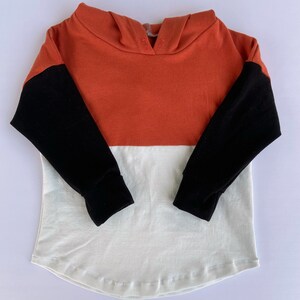 May include: A long-sleeved hooded sweatshirt with a colour block design. The sleeves are black, the top portion is rust orange, and the bottom portion is white.