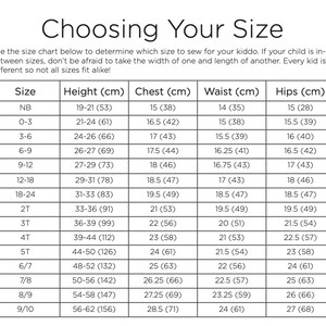 May include: A size chart for children's clothing, showing measurements in inches and centimetres for different sizes, from newborn to 9/10. The chart includes measurements for height, chest, waist, and hips.