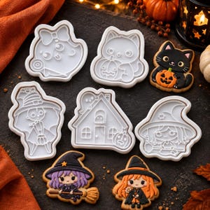 Set di formine per biscotti di Halloween, con simpatici stampini a forma di strega, fantasma, gatto, casa stregata e zucca. Strumento spettrale per la cottura, decorazione per biscotti per feste autunnali.