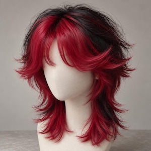 Puede incluir: Una peluca a capas que presenta una mezcla de cabello negro y rojo vibrante. El estilo incluye un flequillo tipo cortina que enmarca el rostro, con capas cortas y texturizadas en la coronilla y mechones largos y finos hacia los hombros.