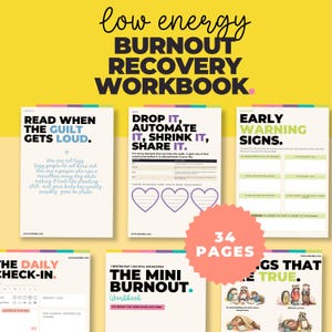 Puede incluir: Un libro de ejercicios de 34 páginas para la recuperación del agotamiento con varias páginas internas que incluyen títulos como Read When The Guilt Gets Loud, Drop It, Automate It, Shrink It, Share It, Early Warning Signs y The Mini Burnout.