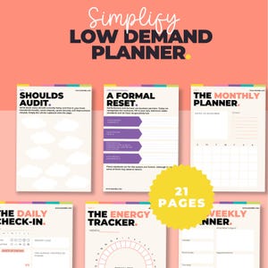 May include: A digital planner set titled Simplify Low Demand Planner with 21 pages. The pages include sections for a Shoulds Audit, A Formal Reset, The Monthly Planner, The Daily Check-In, The Energy Tracker, and The Weekly Planner with text.