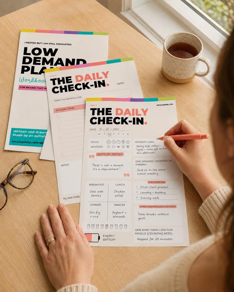 May include: Three white paper planners with colorful headers titled The Daily Check-In and Low Demand Plan Workbook. The pages feature sections for mood, sensory load, meals, and daily priorities, with handwritten notes in black ink on the top sheet.